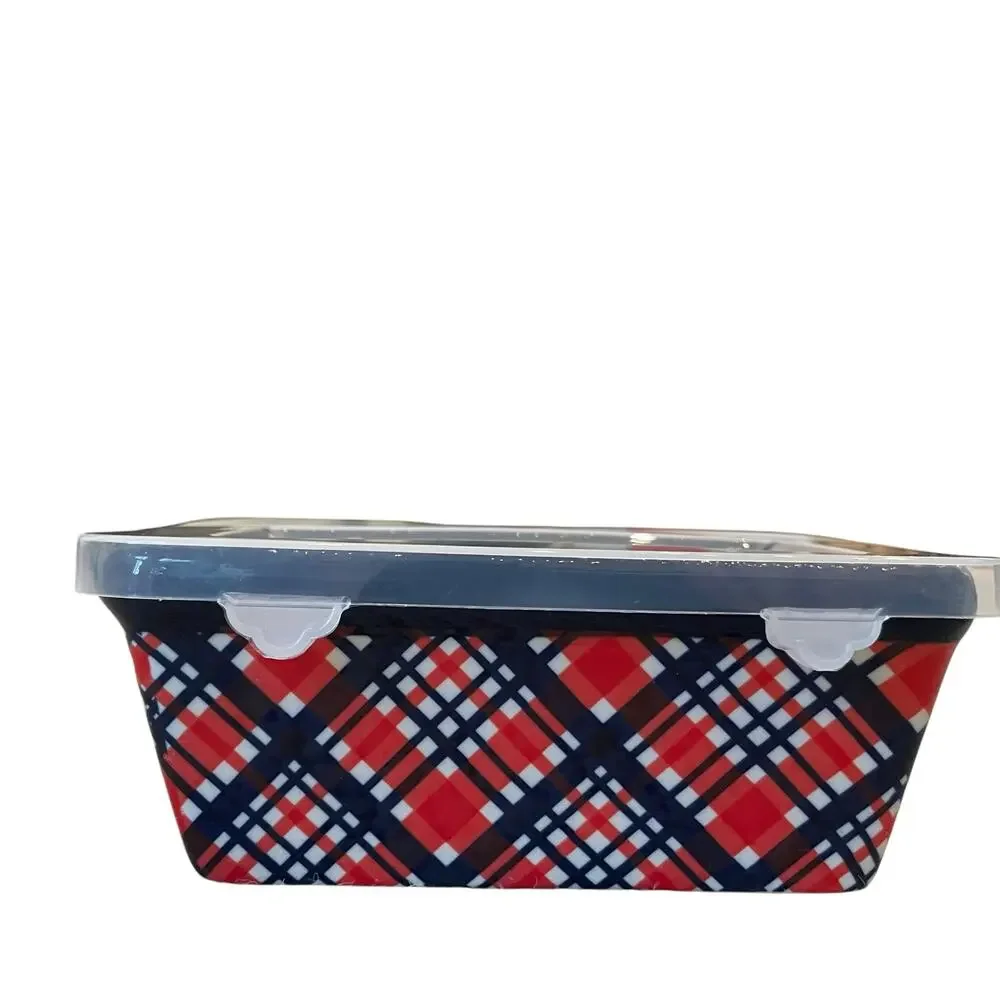 Temptations by Tara Mini Ceramic Loaf Pan w/ Lid 12oz Holiday Plaid Bakeware NEW